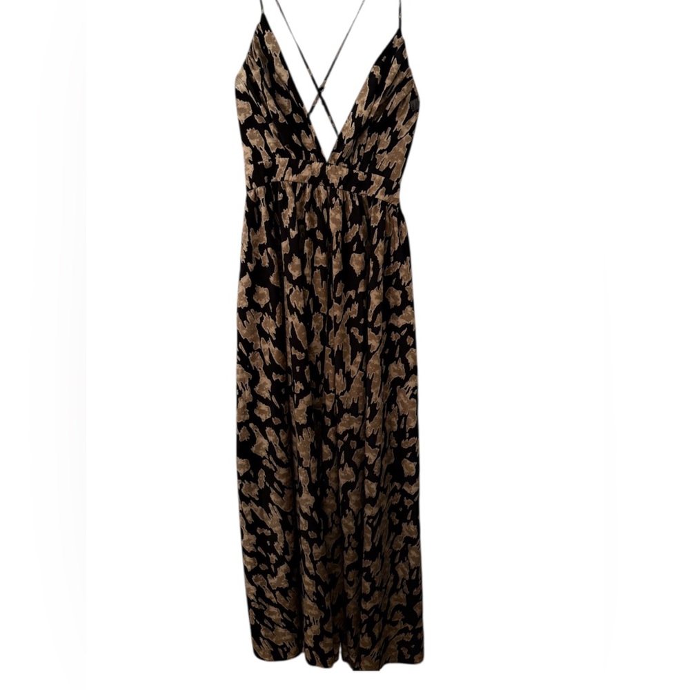 SHEIN Dress Maxi Animal Print Dress Strappy Plunge Cross Back Black Tan Size L